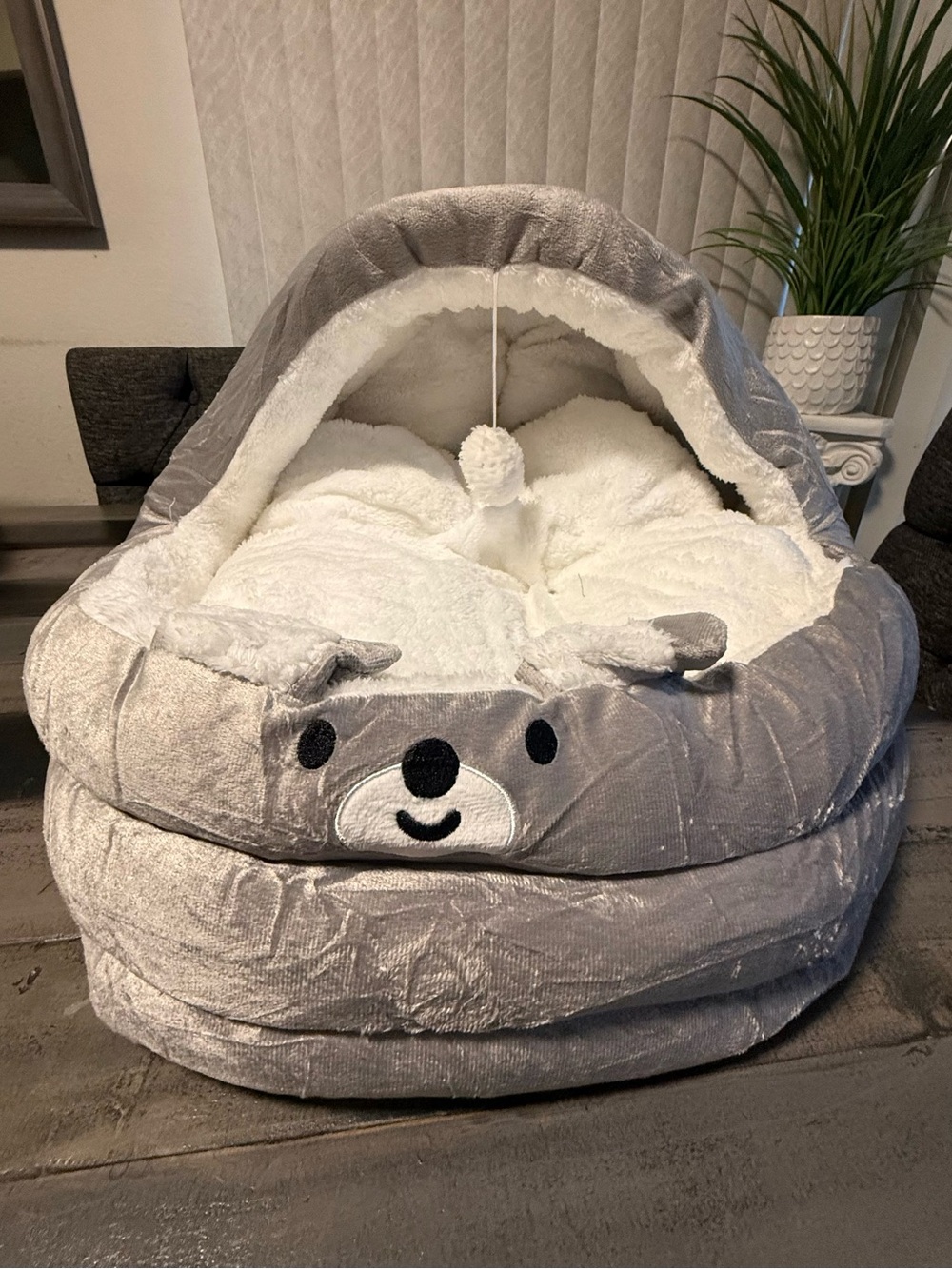 Plush Grey Bear Pet Bed with Hood